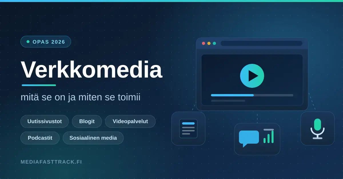 Tummansininen graafinen kuva otsikolla "Verkkomedia – mitä se on ja miten se toimii", jossa näkyy selainikkuna videosoittimen toistopainikkeella sekä uutissivuston, podcastin ja sosiaalisen median kuvakkeet.