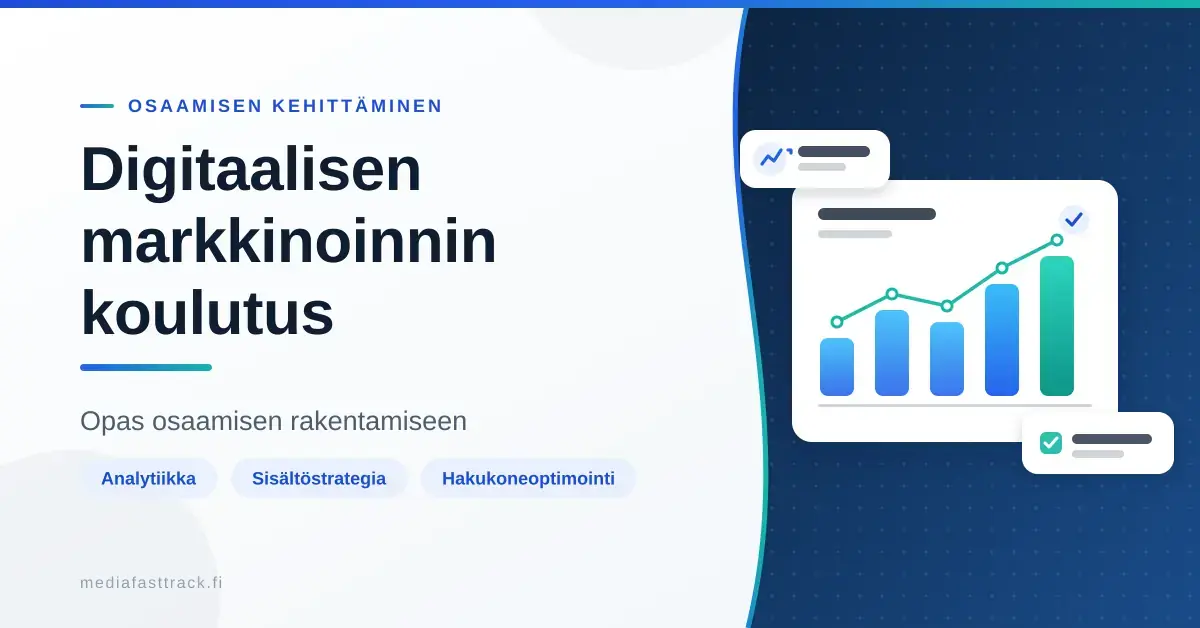 Havainnekuva digitaalisen markkinoinnin koulutuksesta: otsikko "Digitaalisen markkinoinnin koulutus" sekä analytiikan mittaristo, jossa nouseva pylväskaavio ja aihetunnisteet analytiikka, sisältöstrategia ja hakukoneoptimointi.
