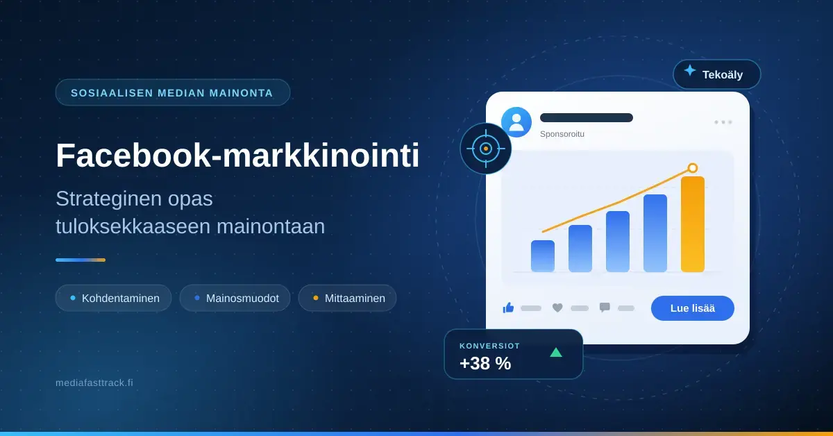 Havainnekuva Facebook-markkinoinnista: tummansinisellä taustalla mainosjulkaisun esityskortti, nousevat tulospylväät ja teksti "Facebook-markkinointi – strateginen opas tuloksekkaaseen mainontaan".