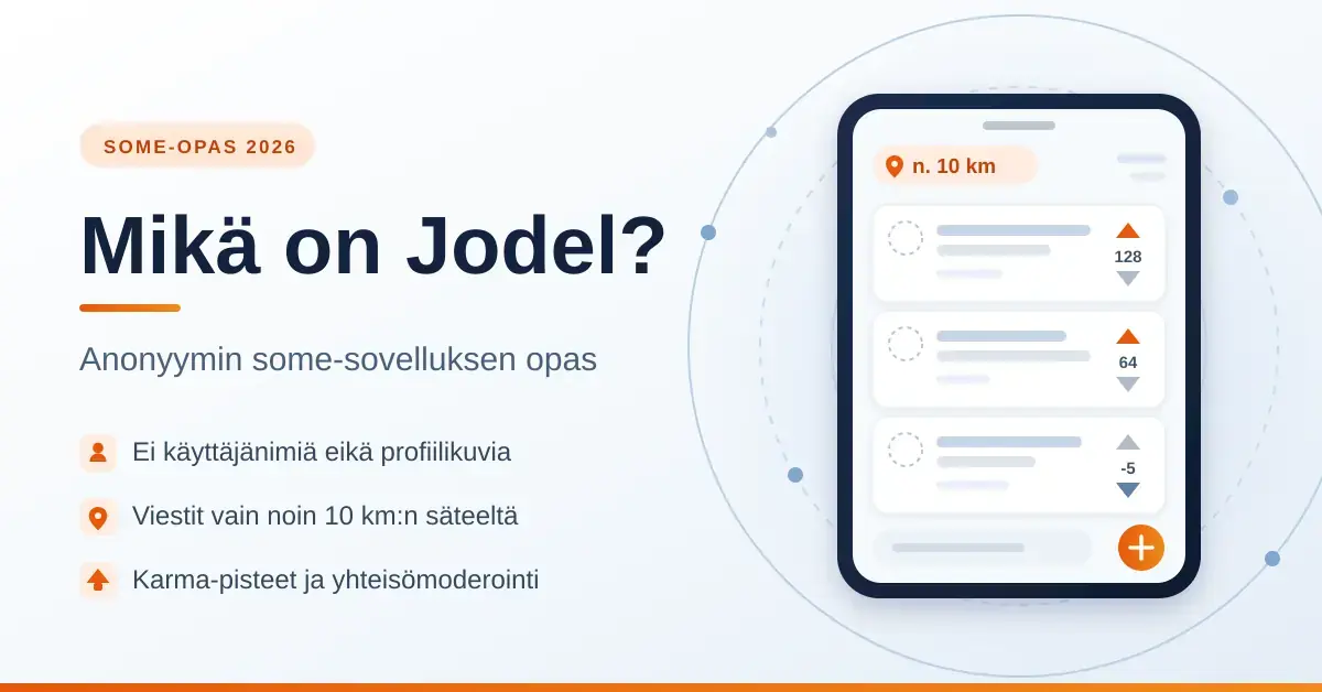 Havainnekuva Jodel-sovelluksesta: puhelimen ruudulla anonyymejä viestejä ylä- ja ala-äänineen sekä noin 10 kilometrin paikallissäde, otsikkona "Mikä on Jodel?".