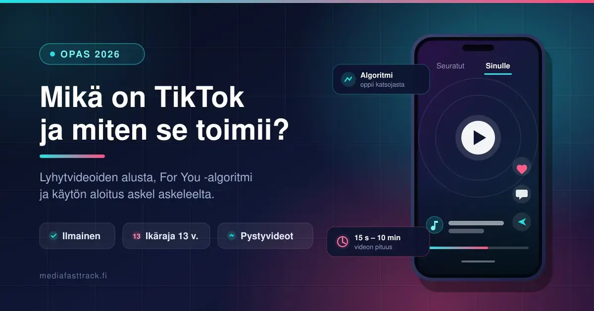 Tummansininen otsikkokuva tekstillä "Mikä on TikTok ja miten se toimii? – Opas 2026", jossa älypuhelimen ruudulla näkyy pystysuuntainen lyhytvideo toistopainikkeineen sekä tykkäys-, kommentti- ja jakokuvakkeineen.
