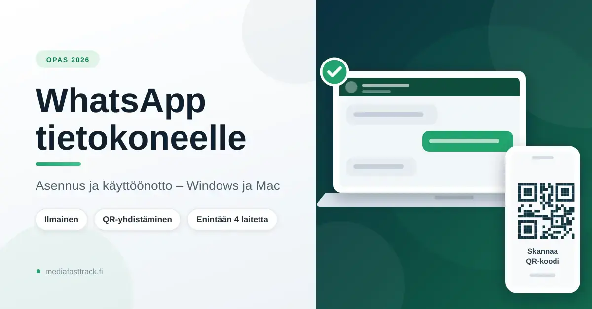 Havainnekuva WhatsApp-sovelluksen käytöstä tietokoneella: kannettavan näytöllä avoin keskustelu ja puhelimessa QR-koodi, jolla tili yhdistetään Windows- tai Mac-tietokoneeseen.