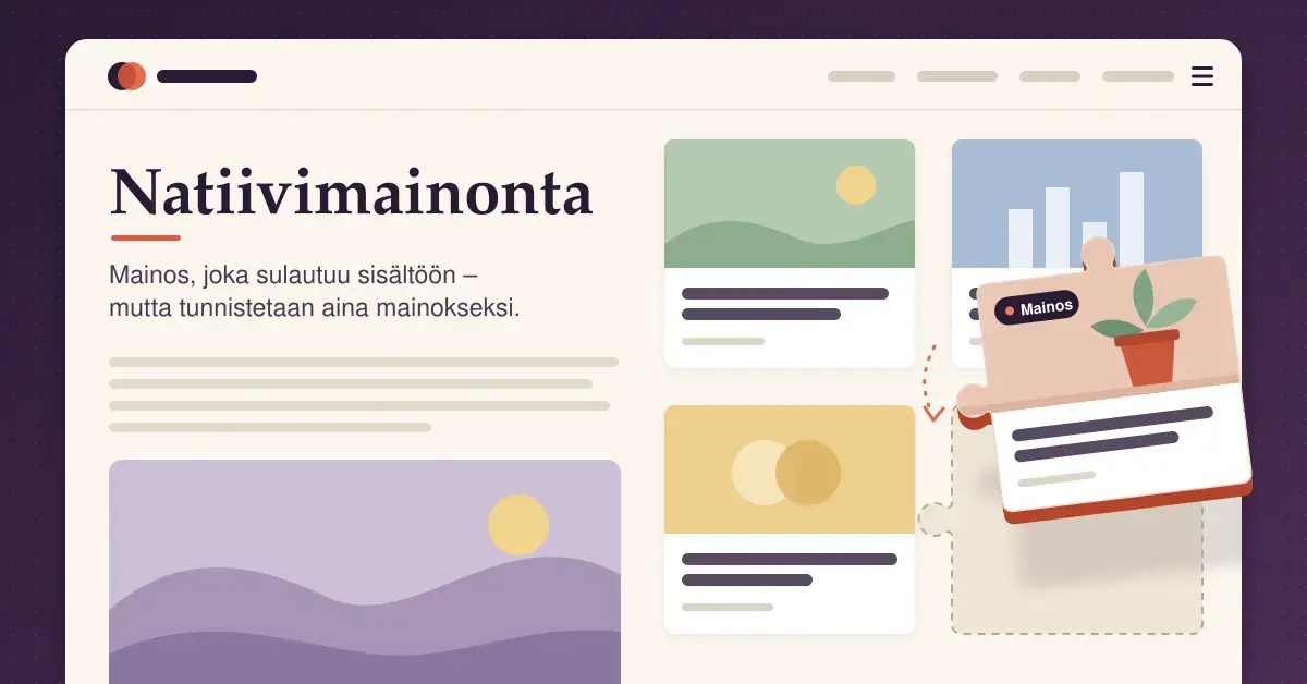 Havainnekuva natiivimainonnasta: uutissivun artikkelikorttien väliin laskeutuu palapelin palan muotoinen, muiden korttien näköinen kortti, jossa on ”Mainos”-merkintä, ja vieressä otsikko ”Natiivimainonta”.